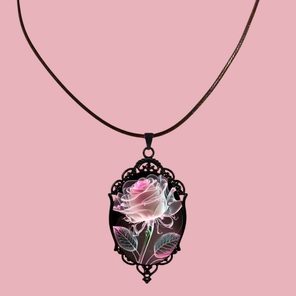 Watercolour Pink Rose pendant necklace. New. - Picture 4 of 10